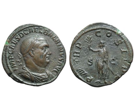 Balbinus Æ Sestertius. Rome, AD 238. IMP CAES D CAEL BALBINVS AVG, laureate, draped and cuirassed bust right / P M TR P COS I