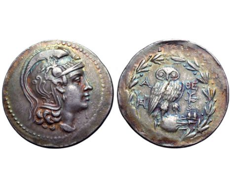 Attica, Athens AR New Style Tetradrachm. Circa 154-3 BC. Head of Athena right, wearing crested Attic helmet decorated with vi