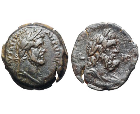 Antoninus Pius Æ Drachm of Alexandria, Egypt. Dated RY 19 = AD 155-156. AVT K T AIΛ AΔP ANTωN[INOC CԐB ԐVC], laureate and dra