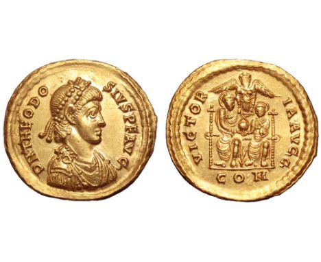 Theodosius I AV Solidus. Thessalonica, AD 378-383. D N THEODOSIVS P F AVG, pearl-diademed, draped and cuirassed bust right / 