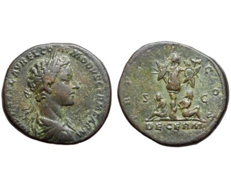 Commodus, as Caesar, Æ Sestertius. Struck under Marcus Aurelius, Rome, AD 177. IMP CAES L AVREL COMMODVS GERM SARM, laureate,