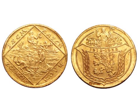 Czechoslovakia. Commemorative AV 2 Ducat. 1928. Saint holding plow drawn by the devil; medieval miner ascending ladder and ho