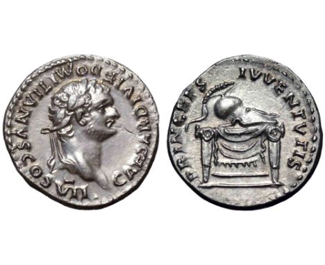 Domitian, as Caesar, AR Denarius. Rome, AD 80-81. CAESAR DIVI F DOMITIANVS COS VII, laureate head right / PRINCEPS IVVENTVTIS