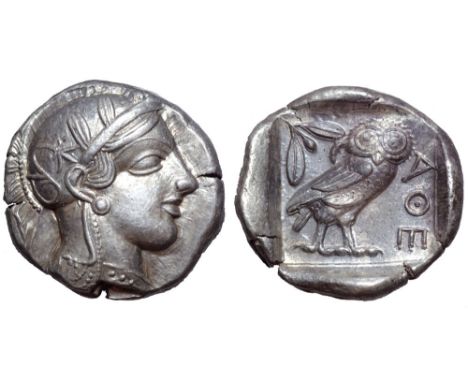 Attica, Athens AR Tetradrachm. Circa 454-430 BC. Head of Athena right, wearing crested Attic helmet adorned with three olive 