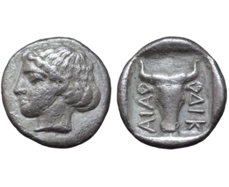 Thrace, Dikaia AR Diobol. Circa 450-420 BC. Female head left / Bull’s head facing within incuse square, ΔΙΚ-ΑΙΑ around. Trait