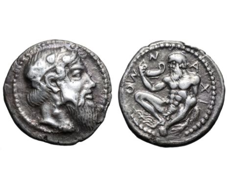 Sicily, Naxos AR Drachm. Circa 460-430 BC. Bearded head of Dionysos right, wearing tainia decorated with an ivy branch / Nude