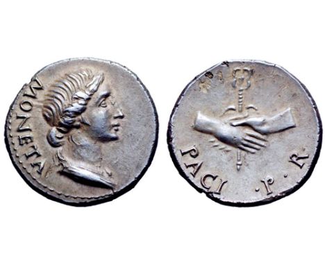 Civil War, Vindex AR Denarius. Uncertain mint in Gaul, AD 68. MONETA, head of Juno Moneta to right, PACI•P•R, clasped hands h