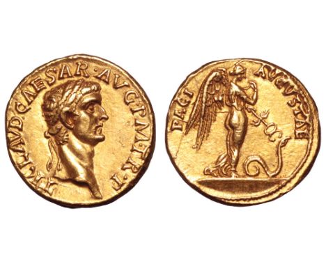 Claudius AV Aureus. Lugdunum, AD 41-42. TI CLAVD CAESAR AVG P M TR P, laureate head right / PACI AVGVSTAE, Pax-Nemesis advanc