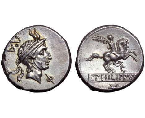 L. Marcius Philippus AR Denarius. Rome, 113-112 BC. Head of Philip V of Macedon right, wearing diademed royal Macedonian helm