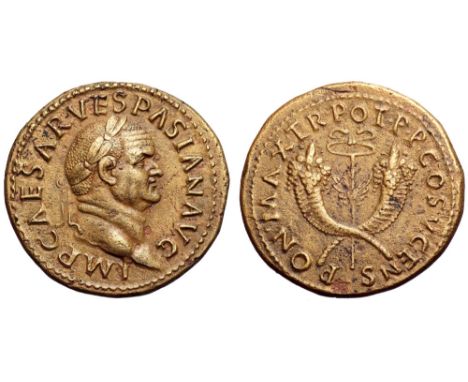 Vespasian Æ Dupondius. Rome, AD 74. IMP CAESAR VESPASIAN AVG, laureate head right / PON MAX TR POT P P COS V CENS, winged cad
