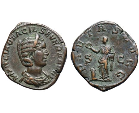 Otacilia Severa Æ Sestertius. Rome, AD 244-249. MARCIA OTACIL SEVERA AVG, diademed and draped bust right / PIETAS AVGVSTAE, P