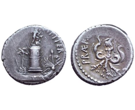Sextus Pompey AR Denarius. Sicily, 42-40 BC. The Pharos of Messana surmounted by a statue of Neptune; in foreground, galley l