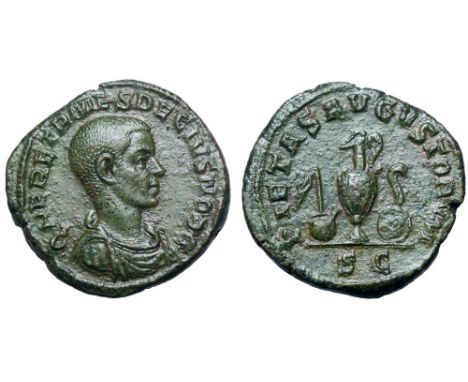 Herennius Etruscus, as Caesar, Æ Sestertius. Rome, AD 250-251. Q HER ETR MES DECIVS NOB C, bare-headed, draped and cuirassed 