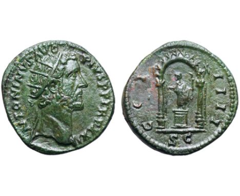 Antoninus Pius Æ Dupondius. Rome, AD 157-158. ANTONINVS AVG PIVS P P TR P XXI, radiate head right / COS IIII, togate statue o
