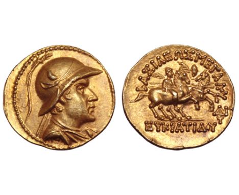 Greco-Baktrian Kingdom, Eukratides I 'the Great' AV Stater. Circa 170-145 BC. Diademed and draped bust right, wearing crested