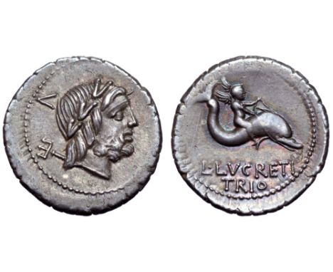 L. Lucretius Trio AR Denarius. Rome, 74 BC. Laureate head of Neptune right, trident at shoulder and control number behind / I