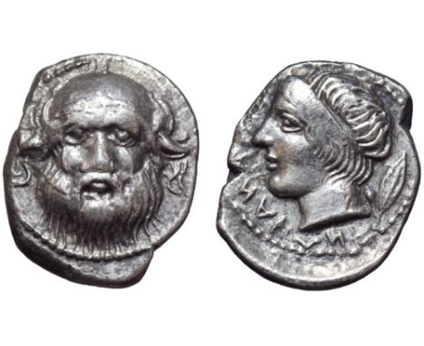 Sicily, Katane AR Drachm. Circa 405-403/2 BC. Facing head of Silenos / Diademed head of Apollo left, olive leaf and berry beh