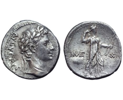 Augustus AR Denarius. Lugdunum, 12 BC. AVGVSTVS [DIVI•F], laureate head right / Diana, wearing long hunting tunic and low pol