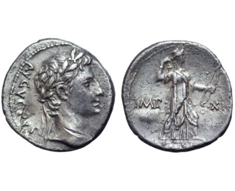 Augustus AR Denarius. Lugdunum, 12 BC. AVGVSTVS [DIVI•F], laureate head right / Diana, wearing long hunting tunic and low pol