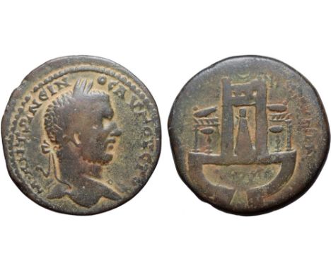 Caracalla Æ31 of Paphos, Cyprus. AD 193-211. Μ ΑΝΤΩΝΕΙΝΟC ΑVΓΟVCΤΟC, laureate head right / [ΚΟΙΝΟΝ ΚΥΠΡΙ]ΩΝ, conical cult xoa