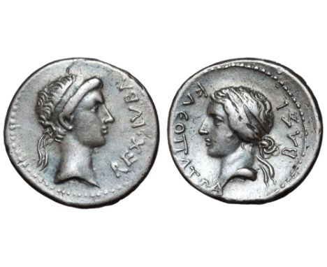 Kings of Mauretania, Juba II AR Denarius. Caesarea, Circa 25 BC-AD 23. REX IVBA, laureate head right / ΒΑΣΙΛΙ ΚΛΕΟΠΑΤΡΑ, head