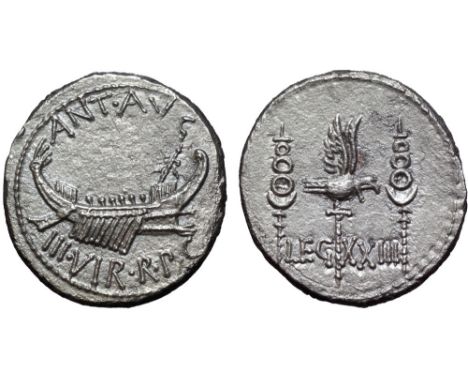 Marc Antony Legionary AR Denarius. Military mint moving with Antony (Patrae?), 32-31 BC. ANT•AVG•III VIR•R•P•C•, praetorian g