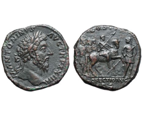 Marcus Aurelius Æ Sestertius. Rome, AD 169-170. M ANTONINVS AVG TR P XXIIII, laureate head right / COS III, Aurelius, wearing