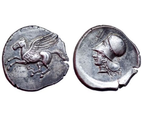Corinthia, Corinth AR Stater. Circa 400-375 BC. Pegasos flying left, Q below / Helmeted head of Athena left; trident above. P