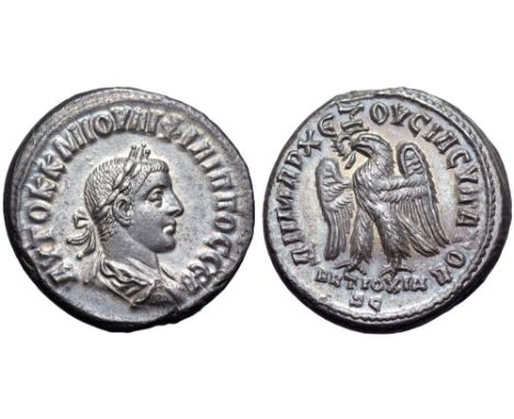 Philip II AR Tetradrachm of Antioch, Seleucis and Pieria, Syria. AD 244-249. AYTOK K M IOYΛI ΦIΛIΠΠOC CEB, laureate, draped a