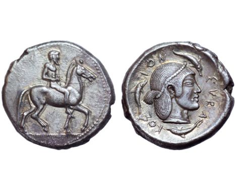 Sicily, Syracuse AR Didrachm. Deinomenid Tyranny. Time of Gelon I, circa 485-480 BC. Nude rider on horseback to right / Head 