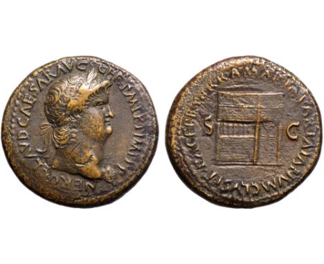 Nero Æ Sestertius. Rome, AD 65. NERO CLAVD CAESAR AVG GER P M TR P IMP P P, laureate head right / PACE P R TERRA MARIQ PARTA 