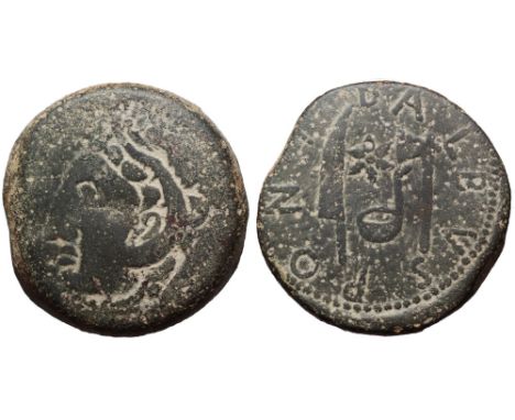 Augustus Æ Sestertius of Gades, Spain. L. Cornelius Balbus Minor, pontifex. Struck 20 BC. Head of Hercules left, wearing lion