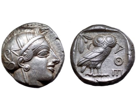 Attica, Athens AR Tetradrachm. Circa 454-404 BC. Head of Athena right, wearing earring, necklace, and crested Attic helmet de