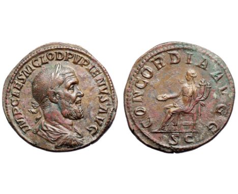 Pupienus Æ Sestertius. Rome, AD 238. IMP CAES M CLOD PVPIENVS AVG, laureate, draped and cuirassed bust right / CONCORDIA AVGG