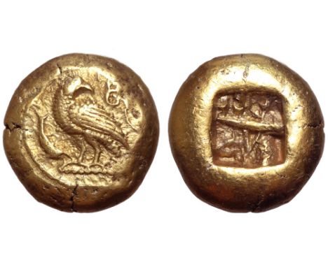 Troas, Abydos EL Stater. Circa 520-500 BC. Milesian standard. Eagle with closed wings standing to left, head reverted, dolphi