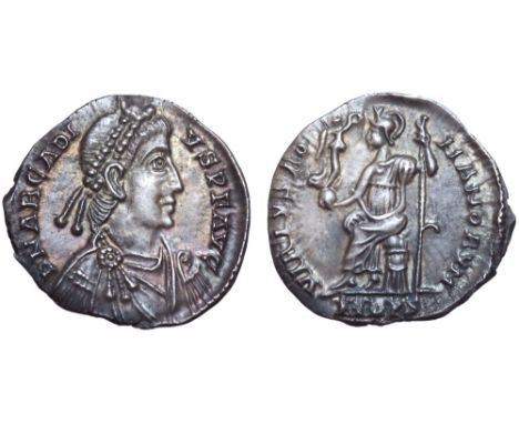 Arcadius AR Siliqua. Mediolanum, AD 393-394. D N ARCADIVS P F AVG, pearl-diademed, draped and cuirassed bust right / VIRTVS R