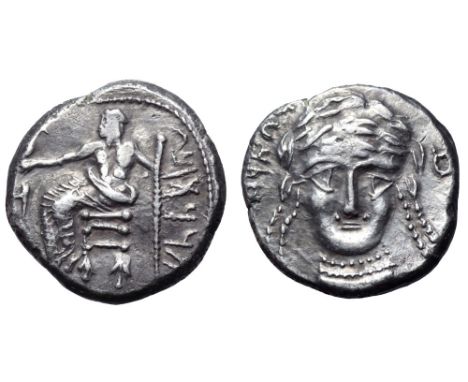 Kyrrhestike in Syria, Bambyke-Manbog AR Didrachm. Circa 342-331 BC. Zeus as Baltaars seated to left, head facing, holding sce