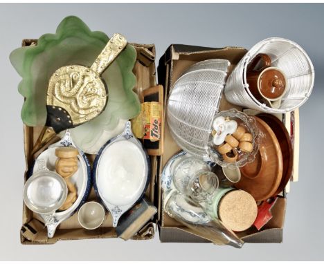 Two boxes of miscellany to include vintage brass bellows, wire metal lamp shade, 19th century blue and white tureens, enamell
