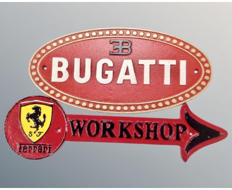 Two cast iron wall plaques, Ferrari Workshop arrow and Bugatti.