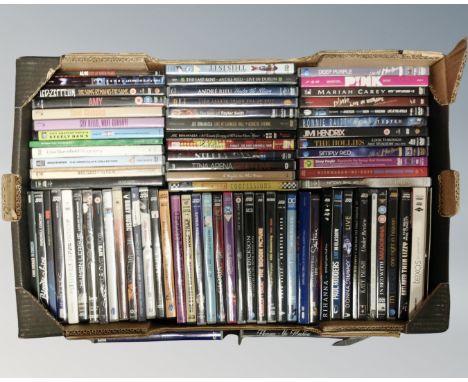 A box of DVD's relating to music to include Led Zeppelin, AC/DC, Mike Oldfield, Taylor Swift, Jimi Hendrix, Deep Purple, Dire