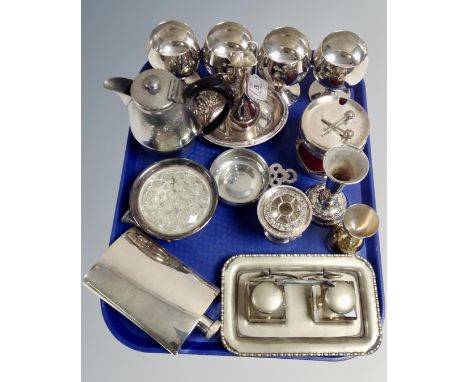 Fifteen pieces of silver plate and a piece of pewter : Hip flask, goblets, ruby glass-lined jam pot, desl stand, dishes, vase