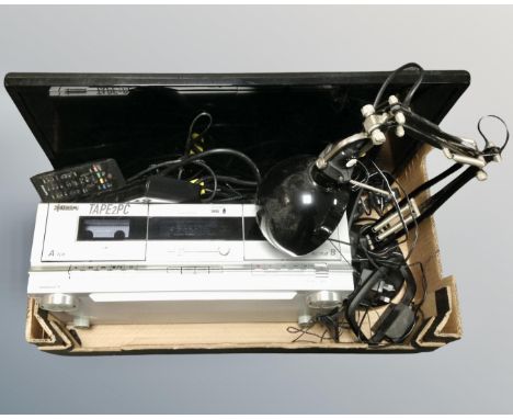 An Ion twin tape deck together with angle poise lamp, a JVC 24" LCD TV, no remote, Philips digibox 