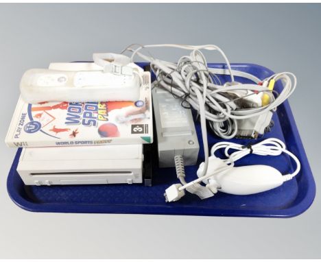 A Nintendo Wii with leads and controller and Wii Sports party game 