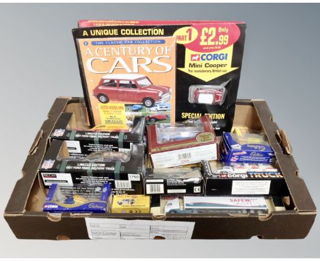 A box of die cast vehicles to include Classic Car Collection magazines with cars (three issues), NFL branded panel trucks, Ex