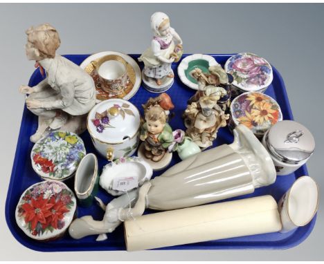 Twenty-one various china items : Ardleigh Elliott lidded trinket boxes, continental figures, Hummel figures, Capo di Monte fi