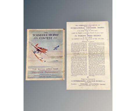 A scarce Schneider cup programme 1929 with circular from Rolls Royce with pencil sketch of a Gloster aircraft on reverse.