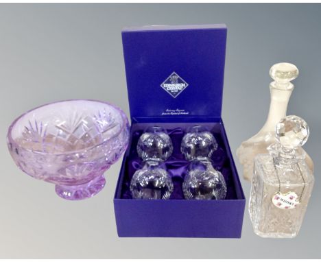 A tray containing assorted glassware including Caithness glass bowl, a lead crystal whisky decanter with label, a boxed set o