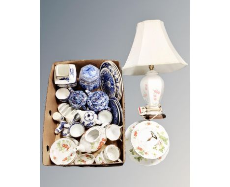 A box of assorted Ringtons ceramics to include Virginia Strawberry tea ware, table lamp with shade 