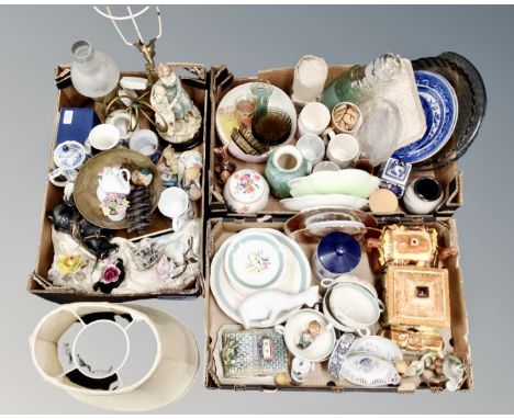 Three boxes containing cottage tea ware, commemorative mugs, a mid-century glass decanter with beakers, Alfred Meakin tea and
