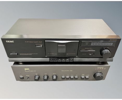 An NAD Series 20 stereo amplifier together with a Teac stereo cassette recorder, with leads. 
